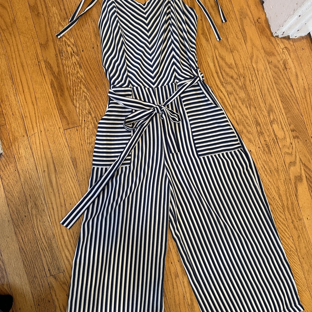 Monteau Blue/White Striped Jumpsuit Size L